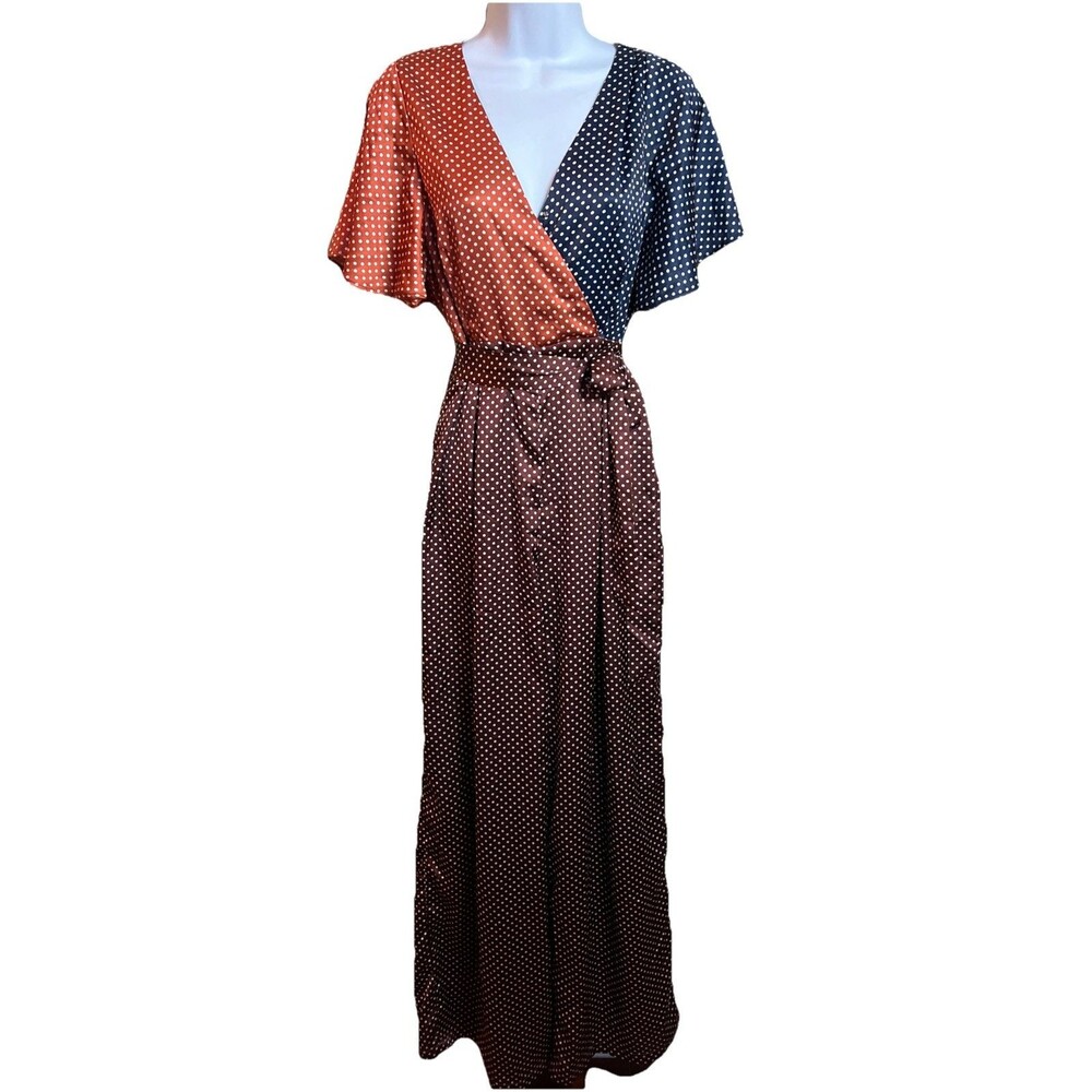 Dee Elly Orange/Navy/Burgundy Wrap Polka  Dot‎ Wide Leg Jumpsuit Size M